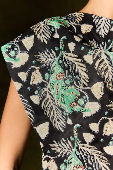 Jodi Black Satin, Silk Sequins, Beads Floral Leaf Printed Asymmetric Top And Trouser at Aza Fashions Jodi_Black Satin, Silk Sequins, Beads Floral Leaf Printed Asymmetric Top And Trouser _at_Aza_Fashions