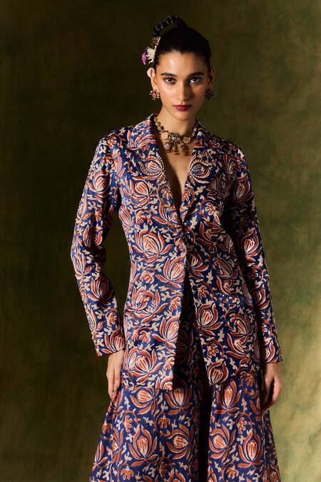 Jodi Blue China Silk Handblock Print Floral Waistcoat V Inaaya Blazer Skirt Set  6