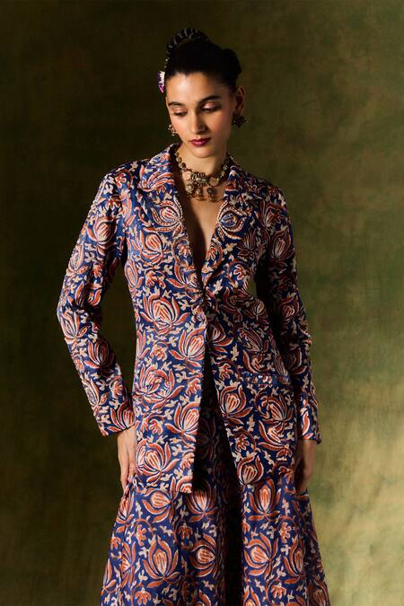 Buy Jodi Blue Silk Sequins, Beads Floral Handblock Print Blazer Online at Aza Fashions Buy_Jodi_Blue Silk Sequins, Beads Floral Handblock Print Blazer _Online_at_Aza_Fashions