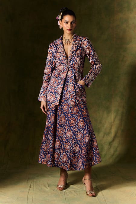 Jodi Inaaya Floral Handblock Print Blazer With Skirt 