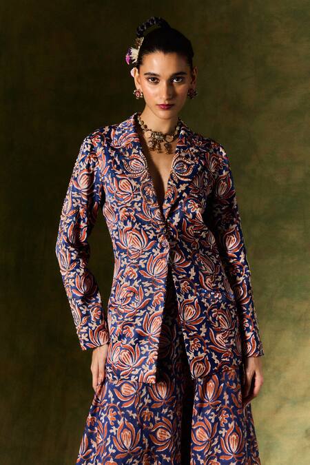 Jodi Blue Silk Sequins, Beads, Embroidery Floral Handblock Print Blazer And Skirt Set Online at Aza Fashions Jodi_Blue Silk Sequins, Beads, Embroidery Floral Handblock Print Blazer And Skirt Set _Online_at_Aza_Fashions