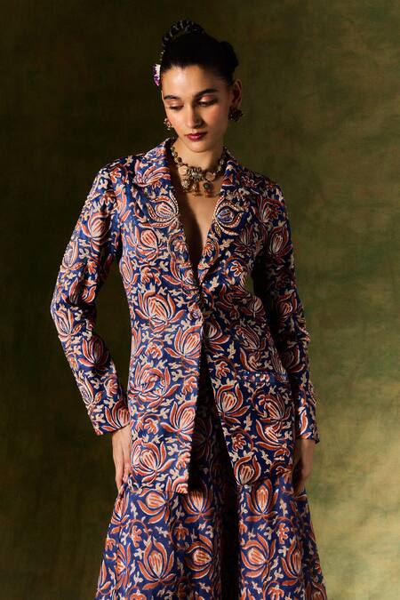 Buy Jodi Blue Silk Sequins, Beads, Embroidery Floral Handblock Print Blazer And Skirt Set Online at Aza Fashions Buy_Jodi_Blue Silk Sequins, Beads, Embroidery Floral Handblock Print Blazer And Skirt Set _Online_at_Aza_Fashions