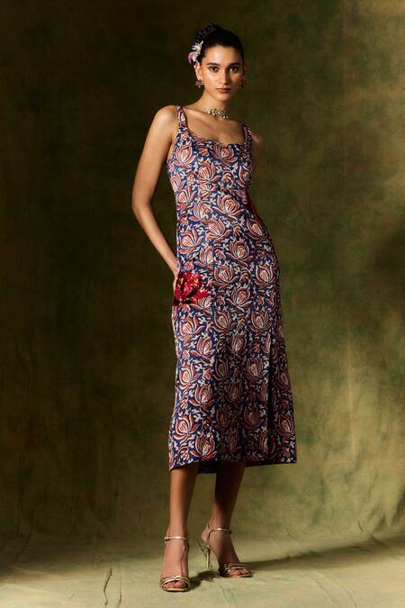 Jodi_Blue Silk Sequins, Beads Round Neck Floral Handblock Print Dress And Blazer Set _Online_at_Aza_Fashions