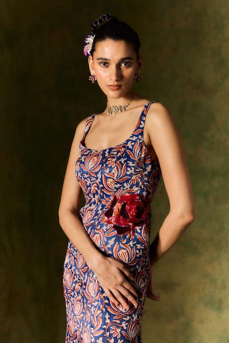 Shop_Jodi_Blue Silk Sequins, Beads Round Neck Floral Handblock Print Dress And Blazer Set _Online_at_Aza_Fashions