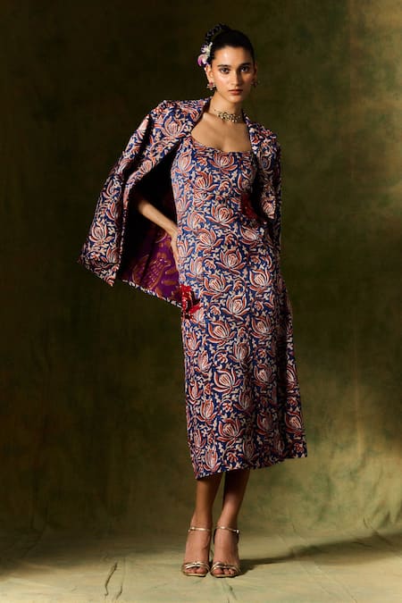 Buy_Jodi_Blue Silk Sequins, Beads Round Neck Floral Handblock Print Dress And Blazer Set 