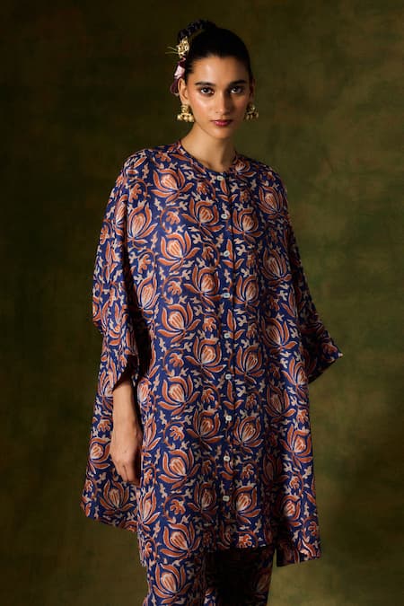 Jodi Blue Silk Round Neck Floral Print Kurta Online at Aza Fashions Jodi_Blue Silk Round Neck Floral Print Kurta _Online_at_Aza_Fashions