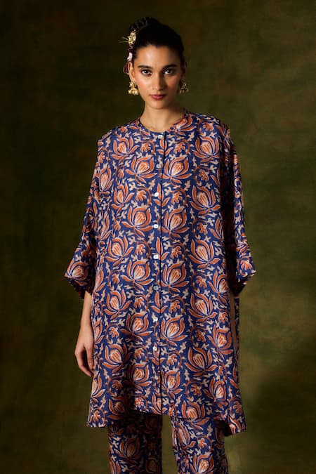 Buy Jodi Blue Silk Round Neck Floral Print Kurta Online at Aza Fashions Buy_Jodi_Blue Silk Round Neck Floral Print Kurta _Online_at_Aza_Fashions