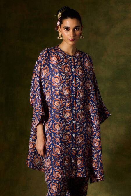 Buy Jodi Blue Silk Embroidery Round Neck Floral Handblock Print Kurta Set Online at Aza Fashions Buy_Jodi_Blue Silk Embroidery Round Neck Floral Handblock Print Kurta Set _Online_at_Aza_Fashions