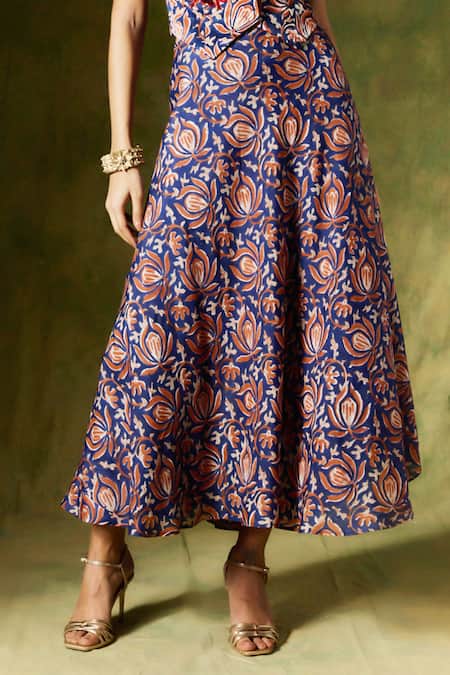 Jodi Blue Silk Floral Handblock Print Flared Skirt at Aza Fashions Jodi_Blue Silk Floral Handblock Print Flared Skirt _at_Aza_Fashions
