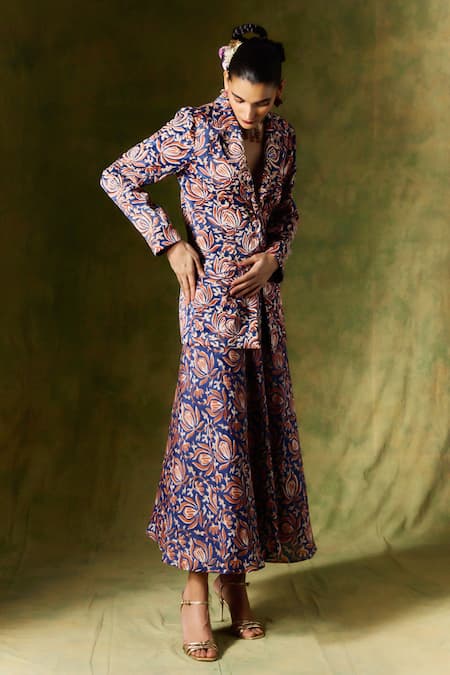 Buy Jodi Blue Silk Floral Handblock Print Flared Skirt Buy_Jodi_Blue Silk Floral Handblock Print Flared Skirt