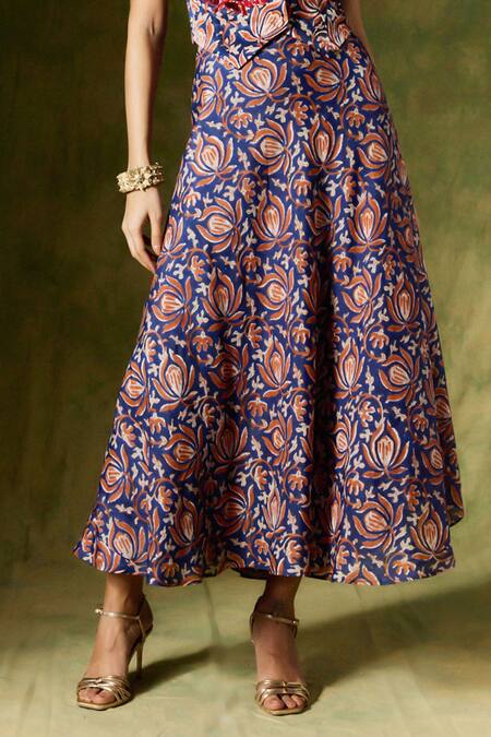 Shop Jodi Blue Silk Sequins, Beads, Floral Handblock Print Waistcoat And Skirt Set Online at Aza Fashions Shop_Jodi_Blue Silk Sequins, Beads, Floral Handblock Print Waistcoat And Skirt Set _Online_at_Aza_Fashions