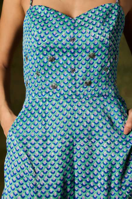 Jodi_Blue Silk Beads Sweetheart Neck Abstract Handblock Print Jumpsuit_Online_at_Aza_Fashions