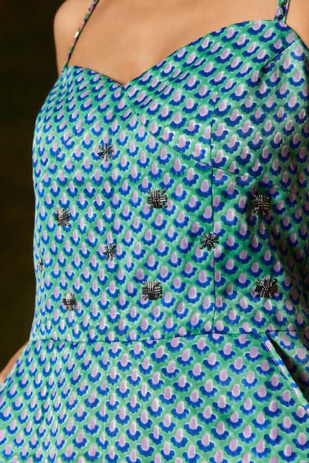Buy_Jodi_Blue Silk Beads Sweetheart Neck Abstract Handblock Print Jumpsuit_Online_at_Aza_Fashions