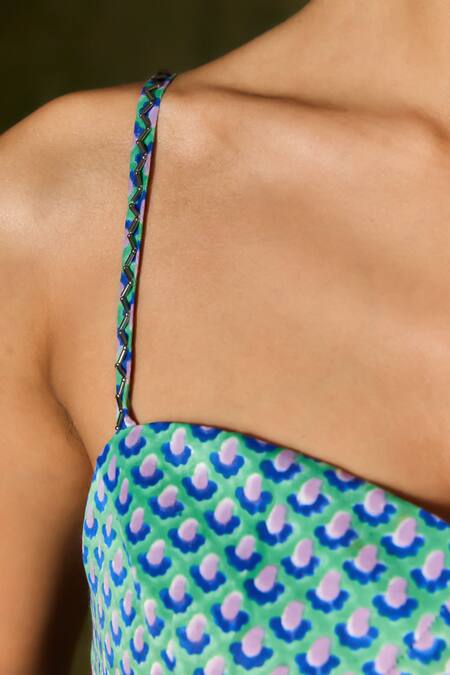 Shop_Jodi_Blue Silk Beads Sweetheart Neck Abstract Handblock Print Jumpsuit_Online_at_Aza_Fashions