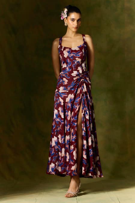 Shop Jodi Wine Satin, Silk Sequins, Beads Scoop Neck Abstract Handblock Print Corset at Aza Fashions Shop_Jodi_Wine Satin, Silk Sequins, Beads Scoop Neck Abstract Handblock Print Corset _at_Aza_Fashions