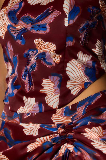 Jodi Wine Satin, Silk Sequins, Beads Scoop Neck Abstract Handblock Print Corset at Aza Fashions Jodi_Wine Satin, Silk Sequins, Beads Scoop Neck Abstract Handblock Print Corset _at_Aza_Fashions