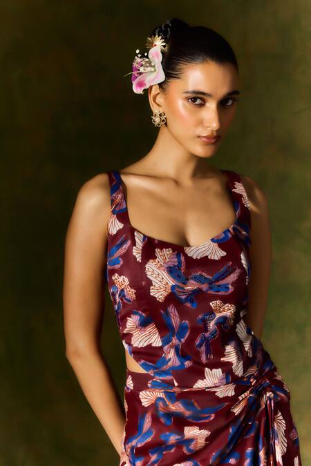 Buy Jodi Wine Satin, Silk Sequins, Beads Scoop Neck Abstract Handblock Print Corset Buy_Jodi_Wine Satin, Silk Sequins, Beads Scoop Neck Abstract Handblock Print Corset