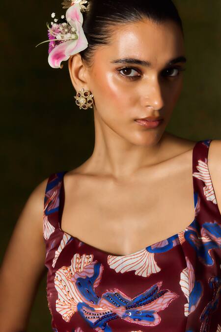 Shop Jodi Wine Satin, Silk Sequins, Beads Scoop Neck Abstract Handblock Print Corset Shop_Jodi_Wine Satin, Silk Sequins, Beads Scoop Neck Abstract Handblock Print Corset