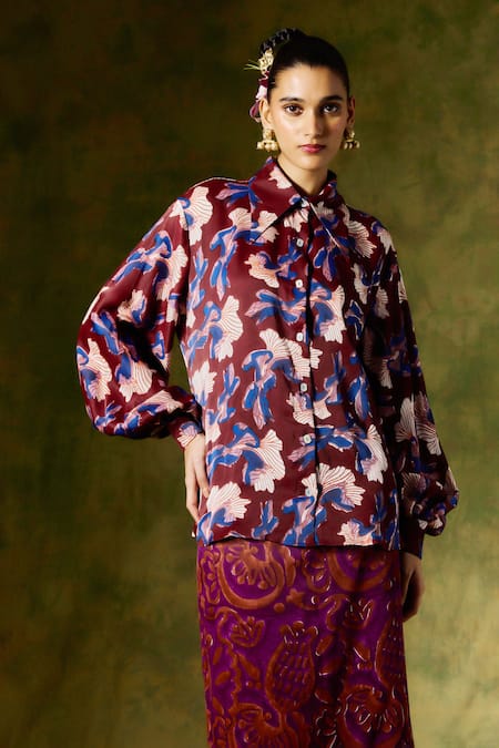 Shop Jodi Wine Silk Embroidery Collared Abstract Handblock Print Shirt at Aza Fashions Shop_Jodi_Wine Silk Embroidery Collared Abstract Handblock Print Shirt _at_Aza_Fashions