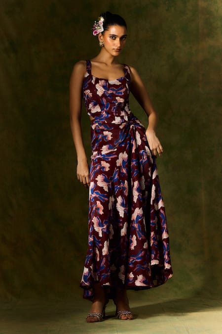 Shop Jodi Wine Silk Abstract Handblock Print Ruched Skirt at Aza Fashions Shop_Jodi_Wine Silk Abstract Handblock Print Ruched Skirt _at_Aza_Fashions