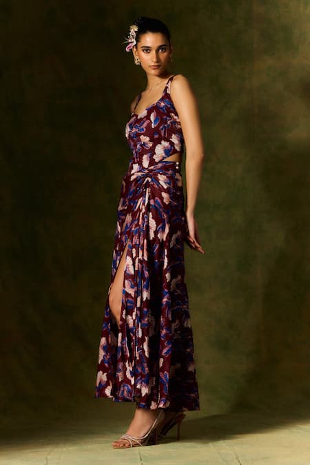 Jodi Wine Silk Abstract Handblock Print Ruched Skirt Online at Aza Fashions Jodi_Wine Silk Abstract Handblock Print Ruched Skirt _Online_at_Aza_Fashions