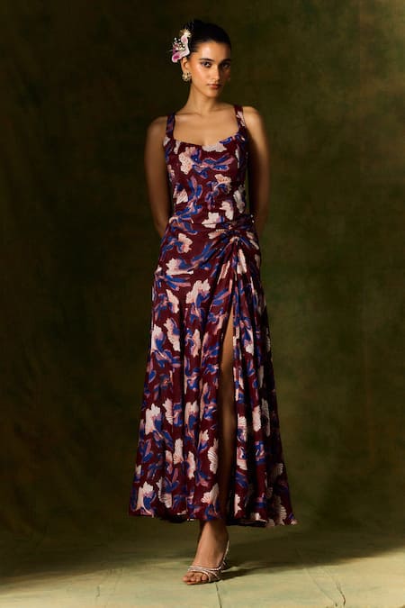 Shop Jodi Wine Silk, Satin Beads, Sequins Scoop Neck Abstract Print Corset And Ruched Skirt at Aza Fashions Shop_Jodi_Wine Silk, Satin Beads, Sequins Scoop Neck Abstract Print Corset And Ruched Skirt _at_Aza_Fashions