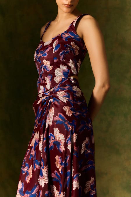 Shop Jodi Wine Silk, Satin Beads, Sequins Scoop Neck Abstract Print Corset And Ruched Skirt Online at Aza Fashions Shop_Jodi_Wine Silk, Satin Beads, Sequins Scoop Neck Abstract Print Corset And Ruched Skirt _Online_at_Aza_Fashions