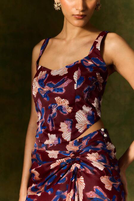 Buy Jodi Wine Silk, Satin Beads, Sequins Scoop Neck Abstract Print Corset And Ruched Skirt Buy_Jodi_Wine Silk, Satin Beads, Sequins Scoop Neck Abstract Print Corset And Ruched Skirt