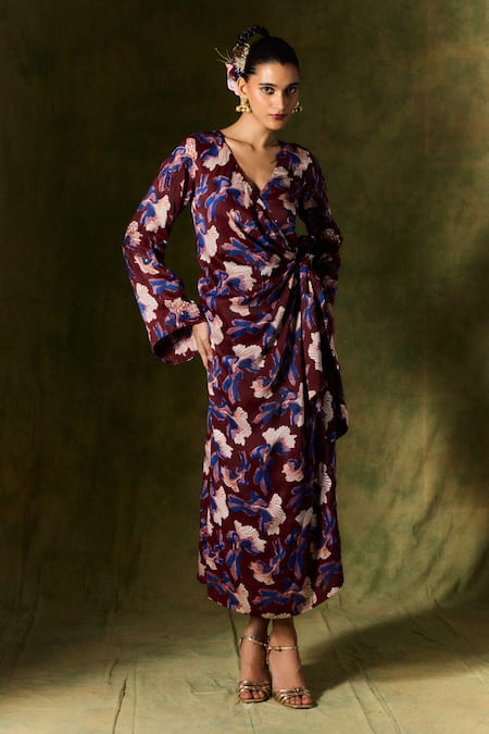 Shop_Jodi_Wine Satin, Silk Sequins, Beads V-neck Abstract Print Wrap Dress _at_Aza_Fashions
