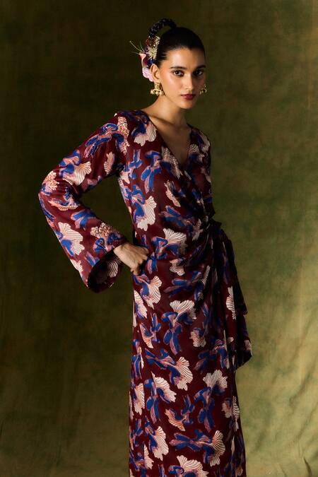Jodi_Wine Satin, Silk Sequins, Beads V-neck Abstract Print Wrap Dress _Online_at_Aza_Fashions