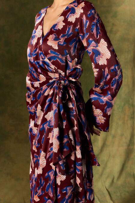 Buy_Jodi_Wine Satin, Silk Sequins, Beads V-neck Abstract Print Wrap Dress _Online_at_Aza_Fashions