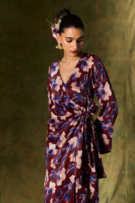 Shop_Jodi_Wine Satin, Silk Sequins, Beads V-neck Abstract Print Wrap Dress _Online_at_Aza_Fashions