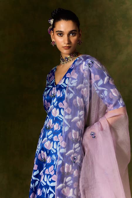 Shop Jodi Blue Silk Embroidery, Sequins V-neck Floral Print Kurta Set With Trouser Online at Aza Fashions Shop_Jodi_Blue Silk Embroidery, Sequins V-neck Floral Print Kurta Set With Trouser _Online_at_Aza_Fashions