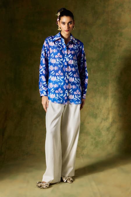 Shop Jodi Blue Silk Embroidery Collared Handblock Floral Print Shirt at Aza Fashions Shop_Jodi_Blue Silk Embroidery Collared Handblock Floral Print Shirt _at_Aza_Fashions