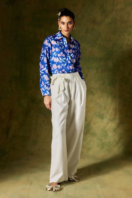 Jodi Blue Silk Embroidery Collared Handblock Floral Print Shirt Online at Aza Fashions Jodi_Blue Silk Embroidery Collared Handblock Floral Print Shirt _Online_at_Aza_Fashions