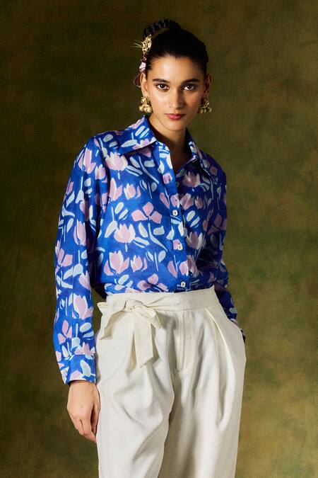 Buy Jodi Blue Silk Embroidery Collared Handblock Floral Print Shirt Online at Aza Fashions Buy_Jodi_Blue Silk Embroidery Collared Handblock Floral Print Shirt _Online_at_Aza_Fashions
