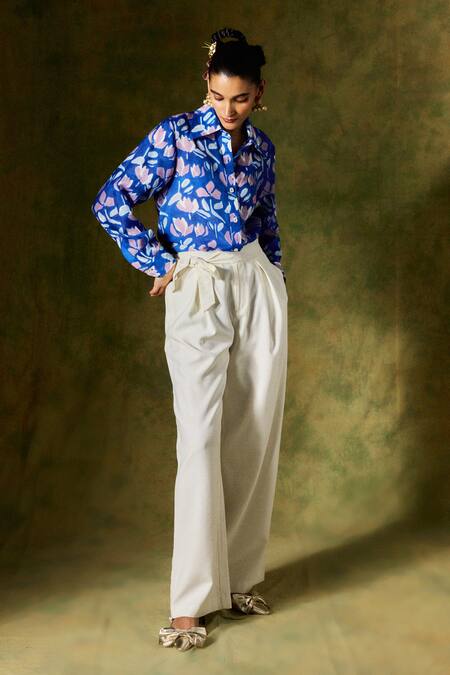 Shop Jodi Blue Silk Embroidery Collared Handblock Floral Print Shirt Online at Aza Fashions Shop_Jodi_Blue Silk Embroidery Collared Handblock Floral Print Shirt _Online_at_Aza_Fashions