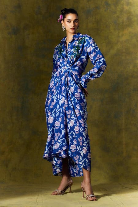 Jodi Blue Silk Sequins, Beads Collared Asymmetric Draped Floral Print Dress Online at Aza Fashions Jodi_Blue Silk Sequins, Beads Collared Asymmetric Draped Floral Print Dress _Online_at_Aza_Fashions