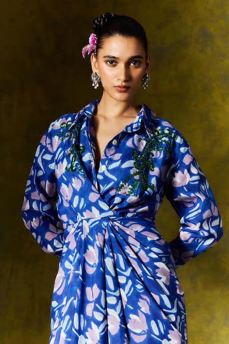 Buy Jodi Blue Silk Sequins, Beads Collared Asymmetric Draped Floral Print Dress Online at Aza Fashions Buy_Jodi_Blue Silk Sequins, Beads Collared Asymmetric Draped Floral Print Dress _Online_at_Aza_Fashions