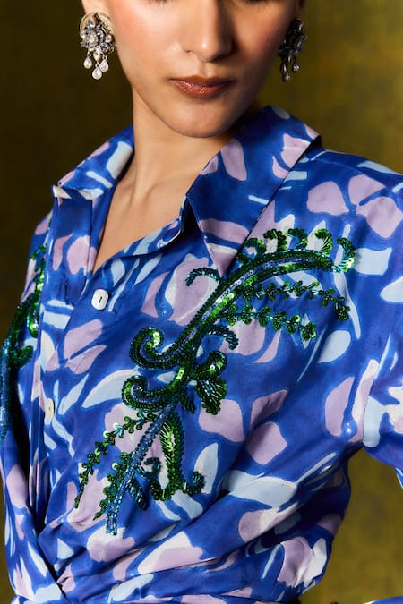 Shop Jodi Blue Silk Sequins, Beads Collared Asymmetric Draped Floral Print Dress Online at Aza Fashions Shop_Jodi_Blue Silk Sequins, Beads Collared Asymmetric Draped Floral Print Dress _Online_at_Aza_Fashions