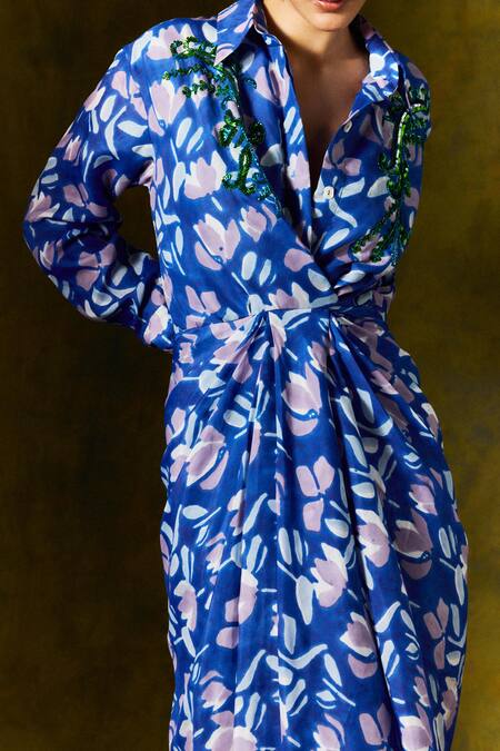 Jodi Blue Silk Sequins, Beads Collared Asymmetric Draped Floral Print Dress at Aza Fashions Jodi_Blue Silk Sequins, Beads Collared Asymmetric Draped Floral Print Dress _at_Aza_Fashions