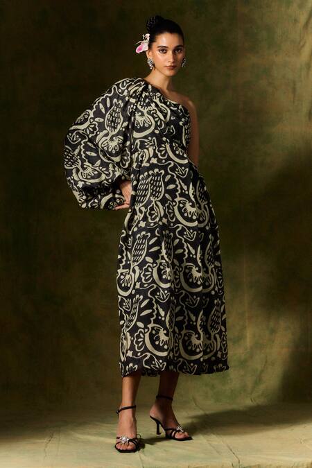 Shop Jodi Black Silk Sequins, Beads Asymmetric One Shoulder Midi Dress at Aza Fashions Shop_Jodi_Black Silk Sequins, Beads Asymmetric One Shoulder Midi Dress _at_Aza_Fashions