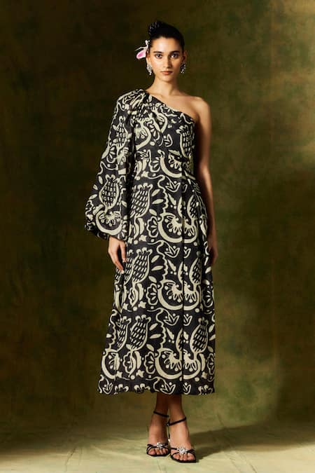 Jodi Black Silk Sequins, Beads Asymmetric One Shoulder Midi Dress Online at Aza Fashions Jodi_Black Silk Sequins, Beads Asymmetric One Shoulder Midi Dress _Online_at_Aza_Fashions