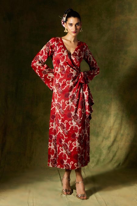 Jodi Red Swan Print Wrap Dress 