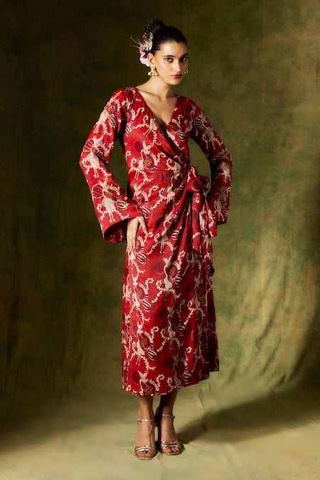 Shop Jodi Red Satin, Silk Sequins, Beads V-neck Swan Print Wrap Dress at Aza Fashions Shop_Jodi_Red Satin, Silk Sequins, Beads V-neck Swan Print Wrap Dress_at_Aza_Fashions
