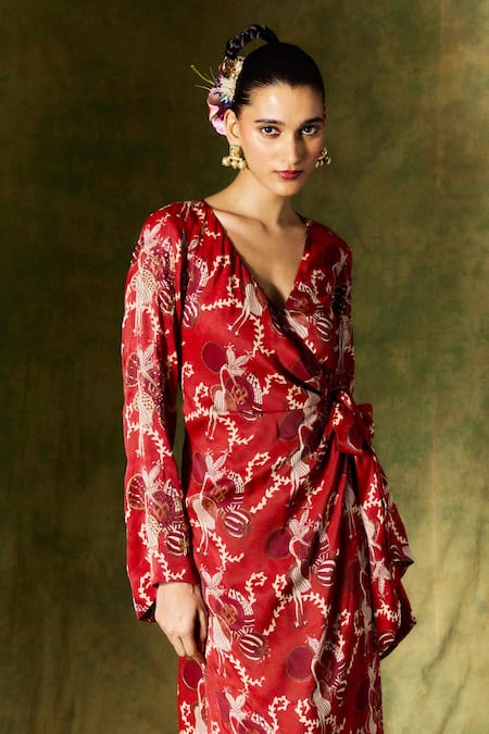 Jodi Red Satin, Silk Sequins, Beads V-neck Swan Print Wrap Dress Online at Aza Fashions Jodi_Red Satin, Silk Sequins, Beads V-neck Swan Print Wrap Dress_Online_at_Aza_Fashions