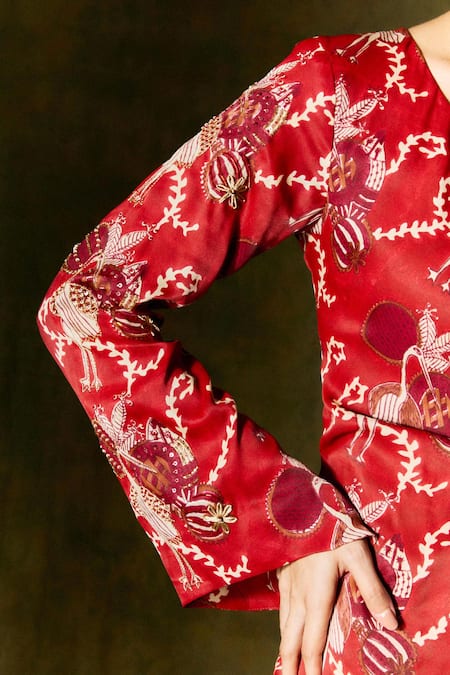 Buy Jodi Red Satin, Silk Sequins, Beads V-neck Swan Print Wrap Dress Online at Aza Fashions Buy_Jodi_Red Satin, Silk Sequins, Beads V-neck Swan Print Wrap Dress_Online_at_Aza_Fashions