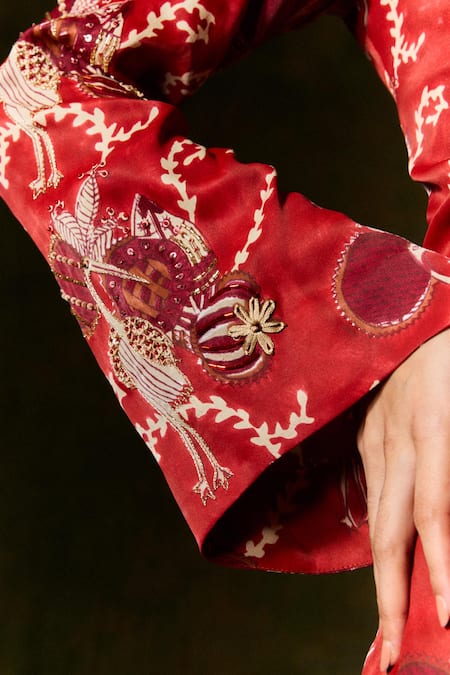 Shop Jodi Red Satin, Silk Sequins, Beads V-neck Swan Print Wrap Dress Online at Aza Fashions Shop_Jodi_Red Satin, Silk Sequins, Beads V-neck Swan Print Wrap Dress_Online_at_Aza_Fashions