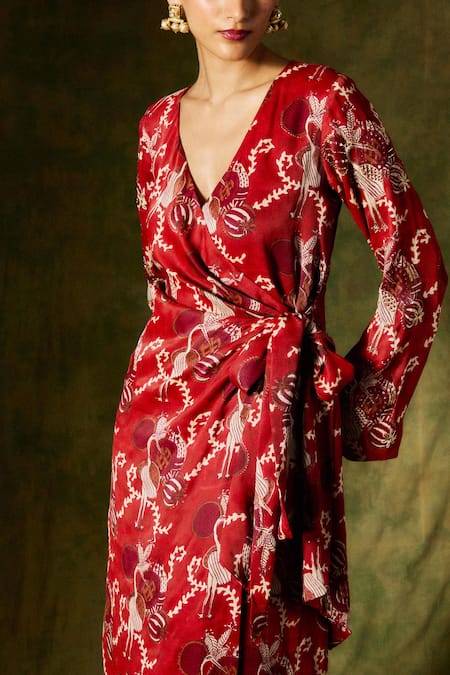 Jodi Red Satin, Silk Sequins, Beads V-neck Swan Print Wrap Dress at Aza Fashions Jodi_Red Satin, Silk Sequins, Beads V-neck Swan Print Wrap Dress_at_Aza_Fashions