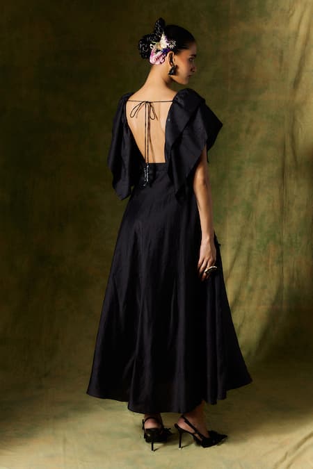 Shop Jodi Black Silk, Taffeta Embroidery, Sequins, Beads V-neck Floral Midi Dress at Aza Fashions Shop_Jodi_Black Silk, Taffeta Embroidery, Sequins, Beads V-neck Floral Midi Dress _at_Aza_Fashions